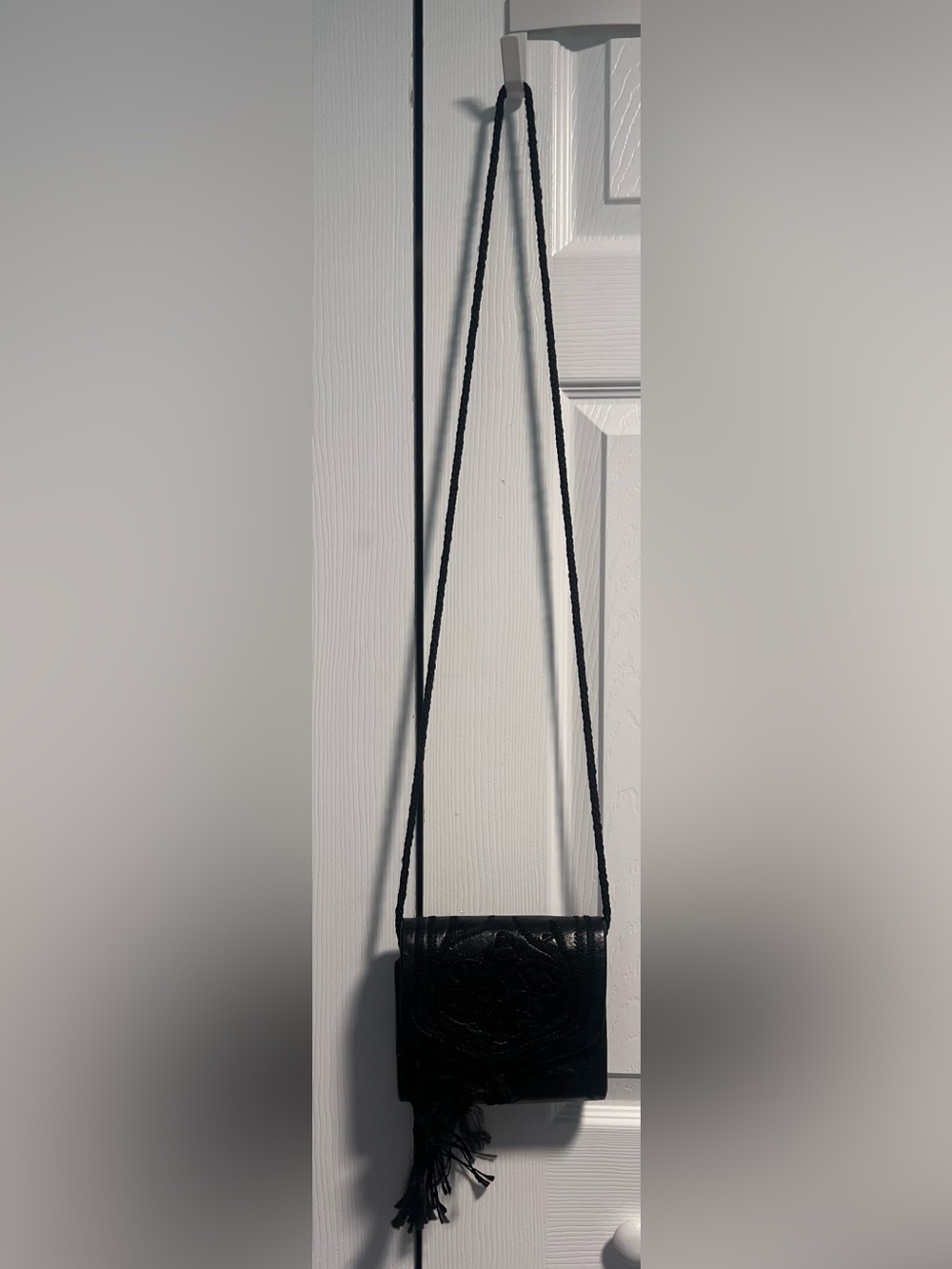 Black Women’s Embroided Print Leather Crossbody Shoulder Bag with Tassel